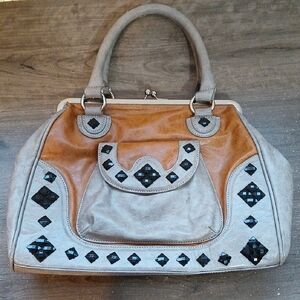 Chocolate New York Faux Leather Handbag With Jewel Accents